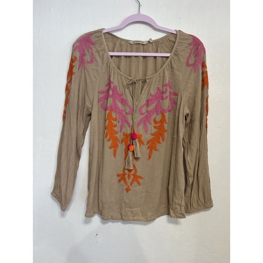 Soft Surroundings Top Womens small Brown Embroidered Peasant Boho Festive Artsy
